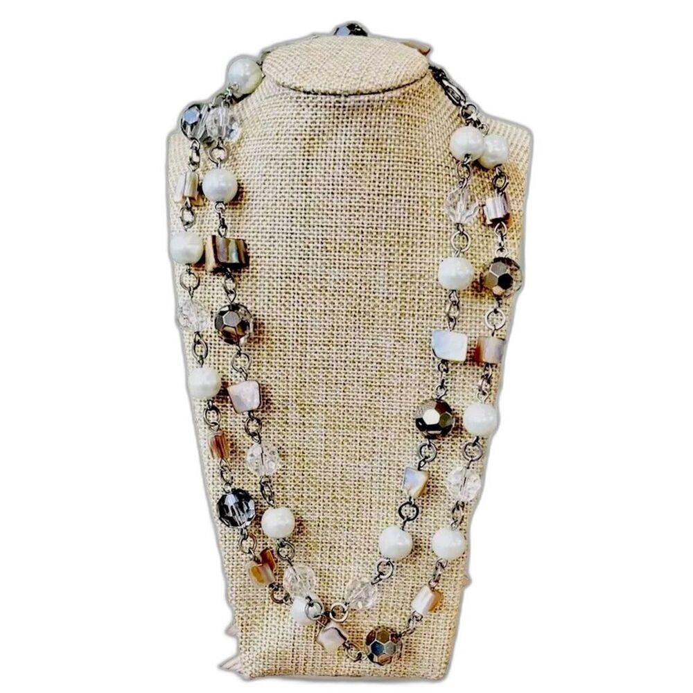 Y2K Glass Bead Faux Pearl Silvertone Fairy Ethereal 20” Necklace